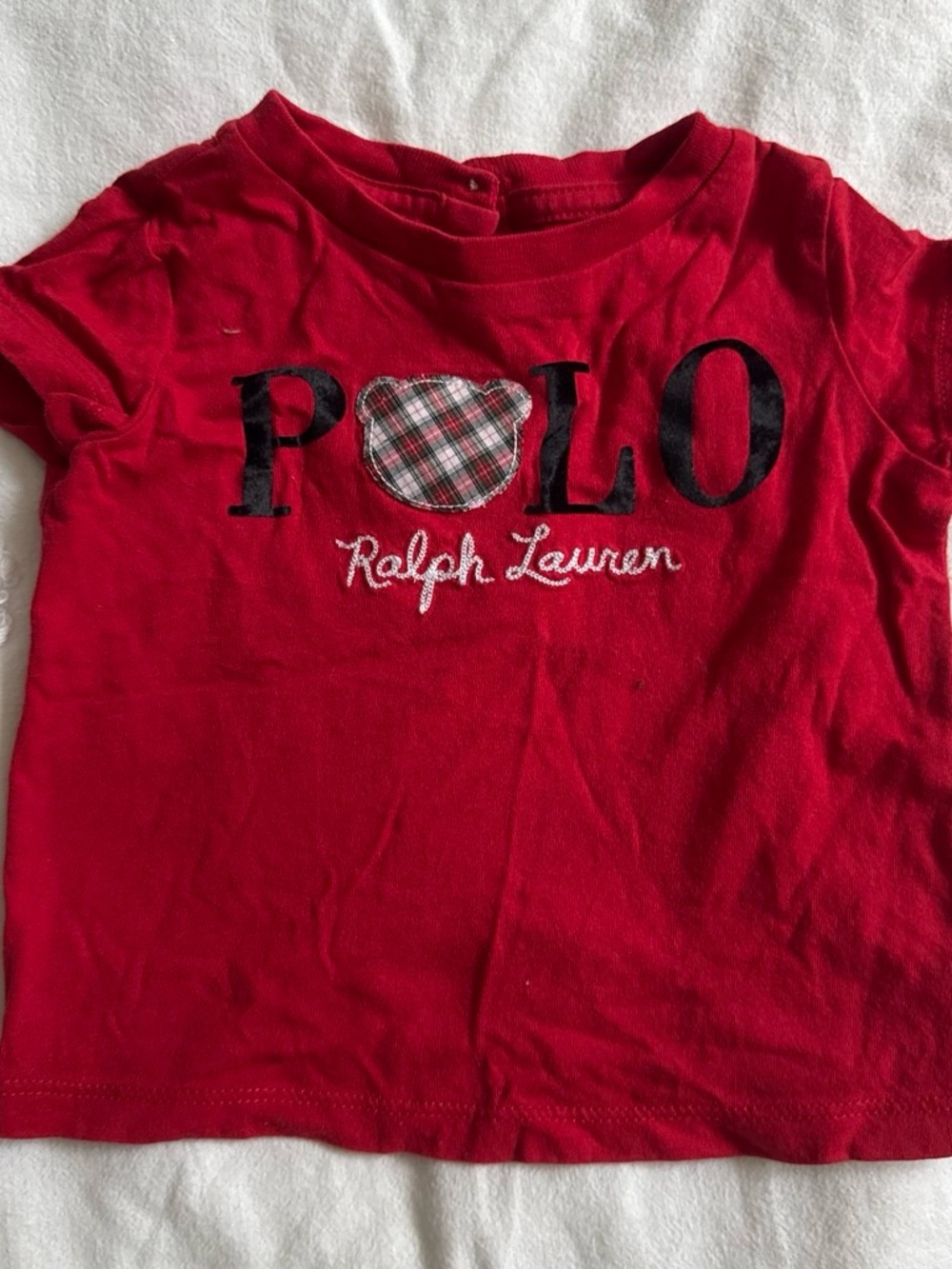 Ralph Lauren Red Short Sleeve Tee with Plaid Bear Accent